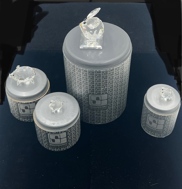 3 Swarovski Crystal Pigs & 1 Mouse: 3 Crystal Pigs (two are part of the Barnyard Friends series); one has missing tail, one has missing leg & snout, and one has ear that was reattached. The mouse has small chips on both ears. See photos