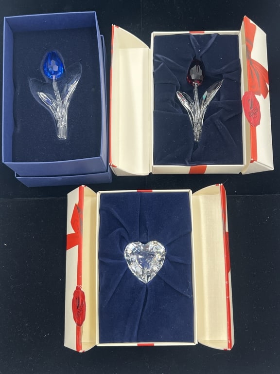 Swarovski Crystal 2 Tulips and Heart: Red tulip, blue tulip, and clear crystal heart. Comes in original packaging. Great condition. See photos