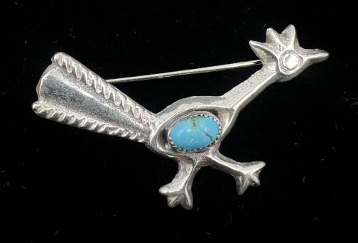 Southwestern Silver-Toned Roadrunner Broach: 1.75x1 inches. Unmarked, non-magnetic. See photos