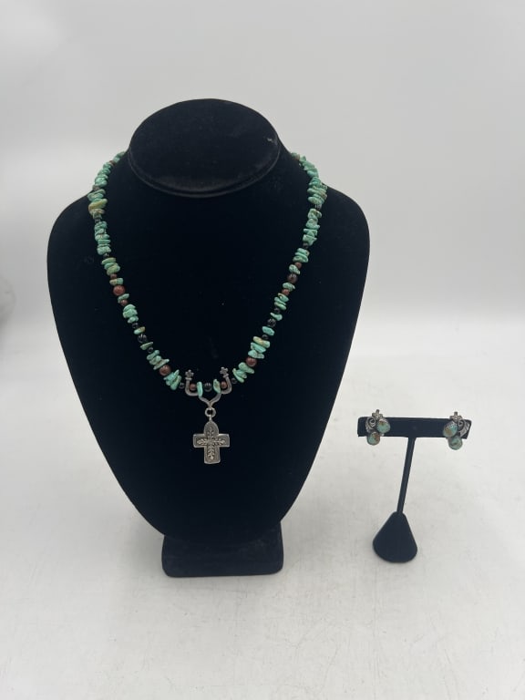Turquoise Necklace and Earrings Set: 9 inches clasped necklace length, has sterling silver. Matching clip on earrings. See photos