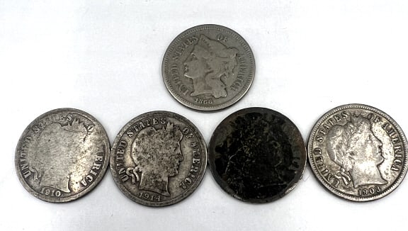 4 Barber Dimes & 1 Three Cent Nickel: Years include: 1866 (Nickel) , 1903, 1905, 1910, and 1914. See photos