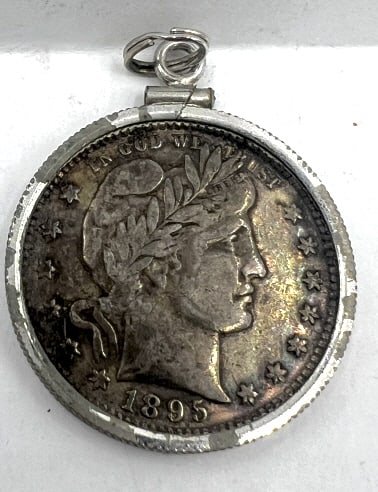 1895 Barber Quarter: Enclosed in pendant frame. See photos.