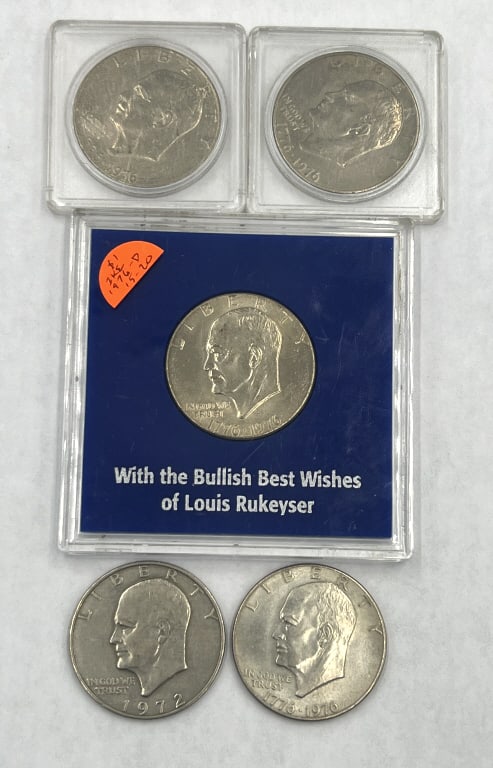 5 - Eisenhower Dollars Bicentennial & 72: 4 of 1776-1976 (three encased) and a 1972. See photos