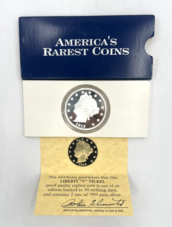 1913 Liberty "V" Nickel COPY Commemorative Coin: Contains 2ozs. Of .999 pure silver. Distributed by America?s Rarest Coins. Comes in original sleeve. See photos.