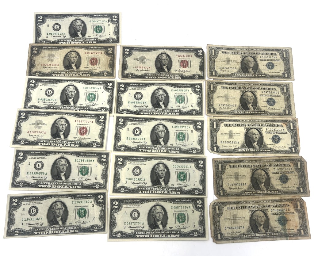 11-Two Dollar Bills & 5-One Dollar Bills: Features three red seal $2 bills and five $1 silver certificates. See photos.