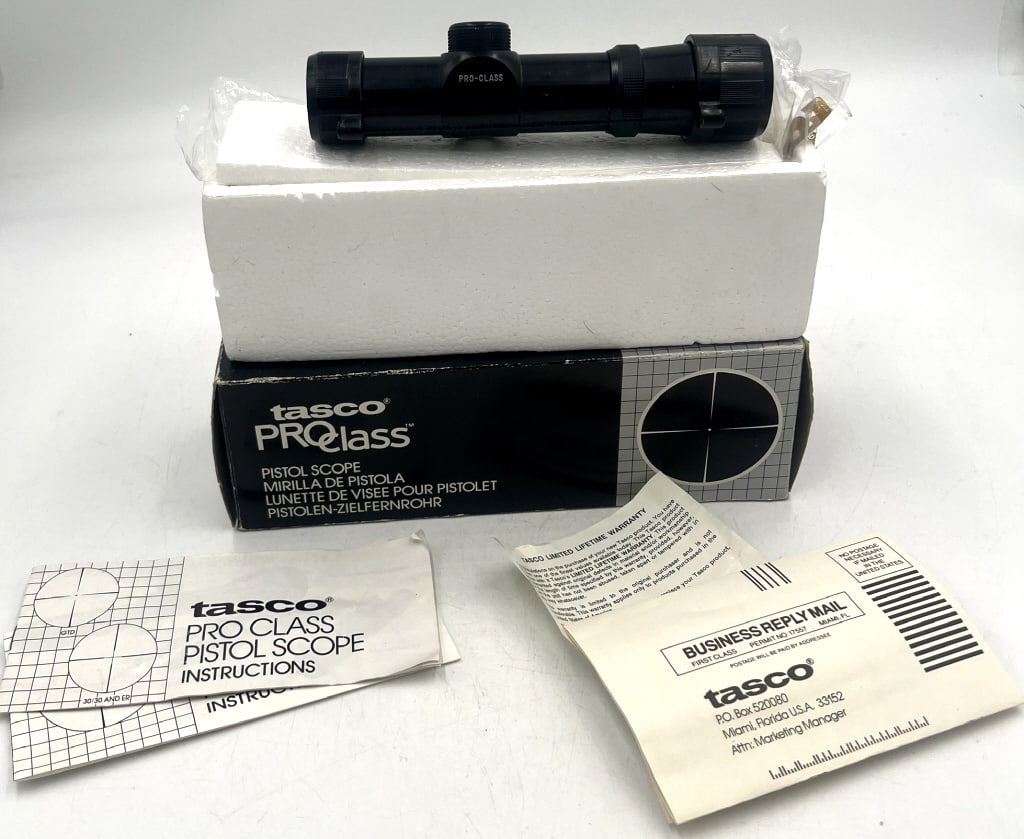 Tasco Pro Class Pistol Scope: 2x22mm, model P2X22S, some surface wear visible. See photos