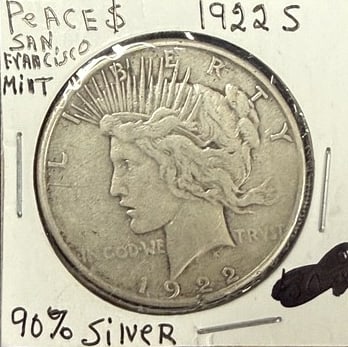 1922-S Peace Dollar: $1, See photos for grading