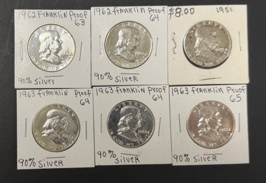 6 Benjamin Franklin Half Dollars: .50c, please grade by photos
