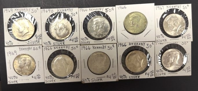 10 Kennedy Half Dollars 1965-1969: .50c, please grade by photos