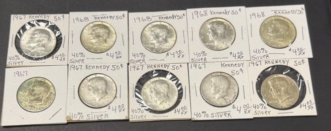 10 Kennedy Half Dollars 1965-1969: .50c, please grade by photos