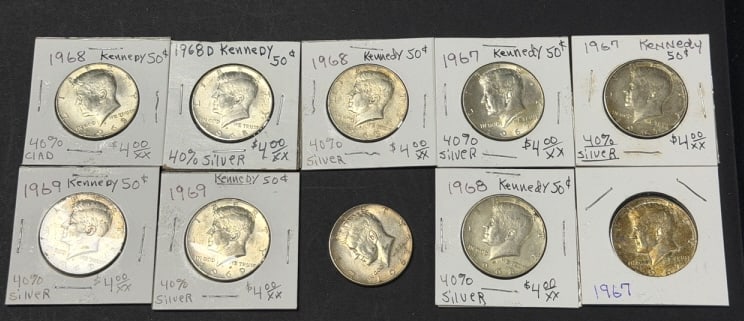 10 Kennedy Half Dollars 1965-1969: .50c, please grade by photos