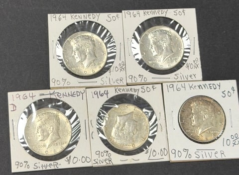 5 - 1964 Kennedy Half Dollars: .50c, please grade by photos
