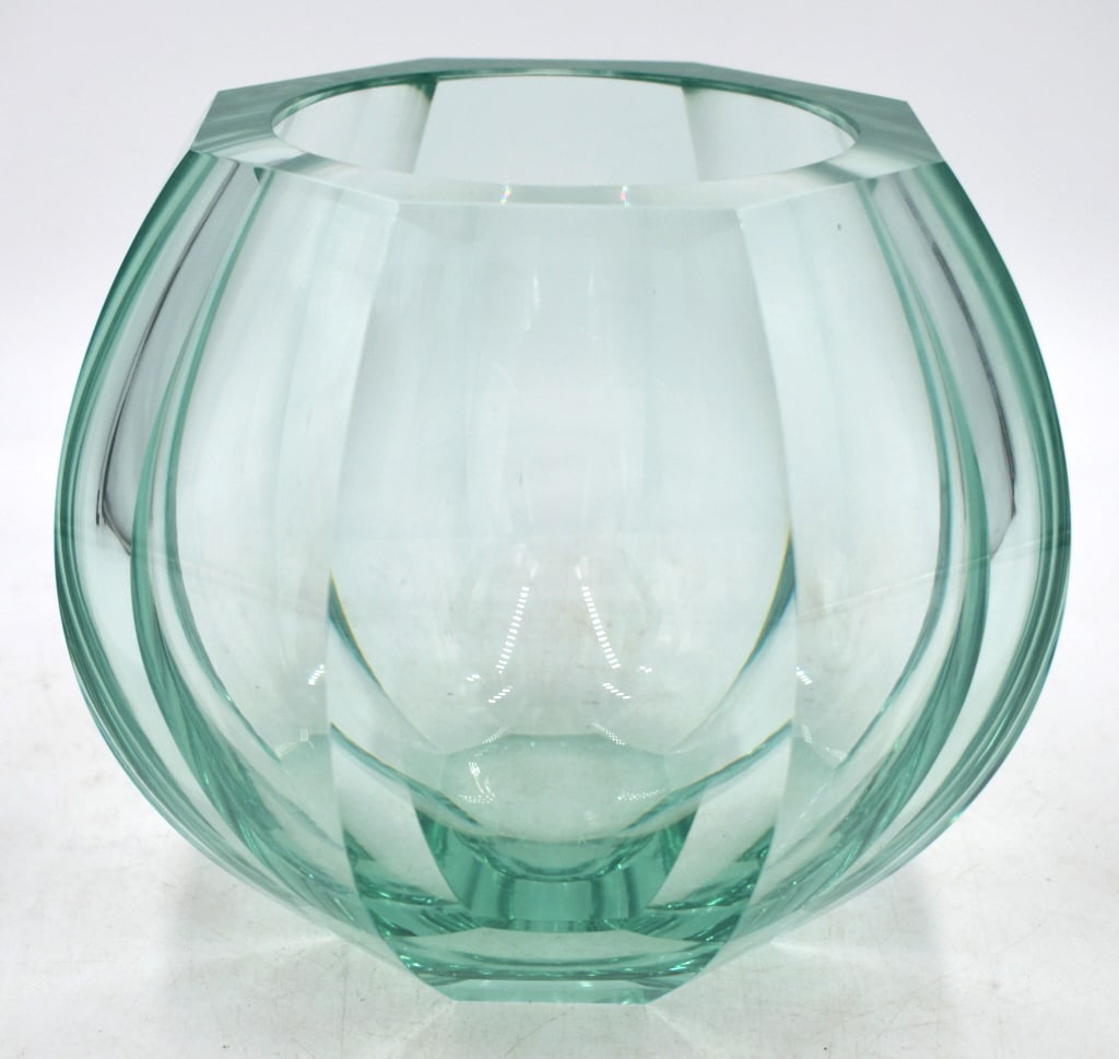 Moser Turquoise Crystal Vase: 6.5 inches tall by 7.75 inches wide, no damage, marked on bottom, please see photos.