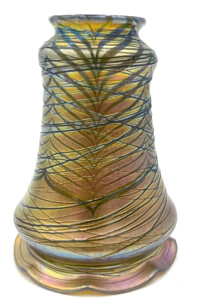 Paul Oster Durand-style Art Glass Lamp Shade: 4.5 inches by 6 inches, signed on rim, with a hairline crack, see photos