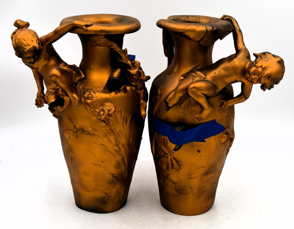 Pair of French Art Nouveau Ornamental Vases: Each is 12.5 inches tall by 8.5 inches wide, AS IS, damage to legs on each vase, signed on side, please see photos.