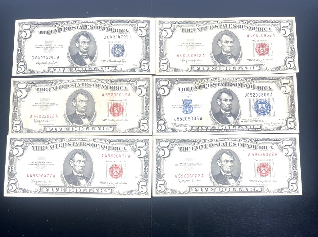 6-Five Dollar Red & Blue Notes: $5, 4 Red seals and 2 Blue seals. Varying years. See photos
