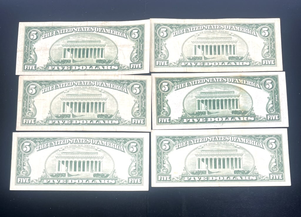 6-Five Dollar Red & Blue Notes - 2