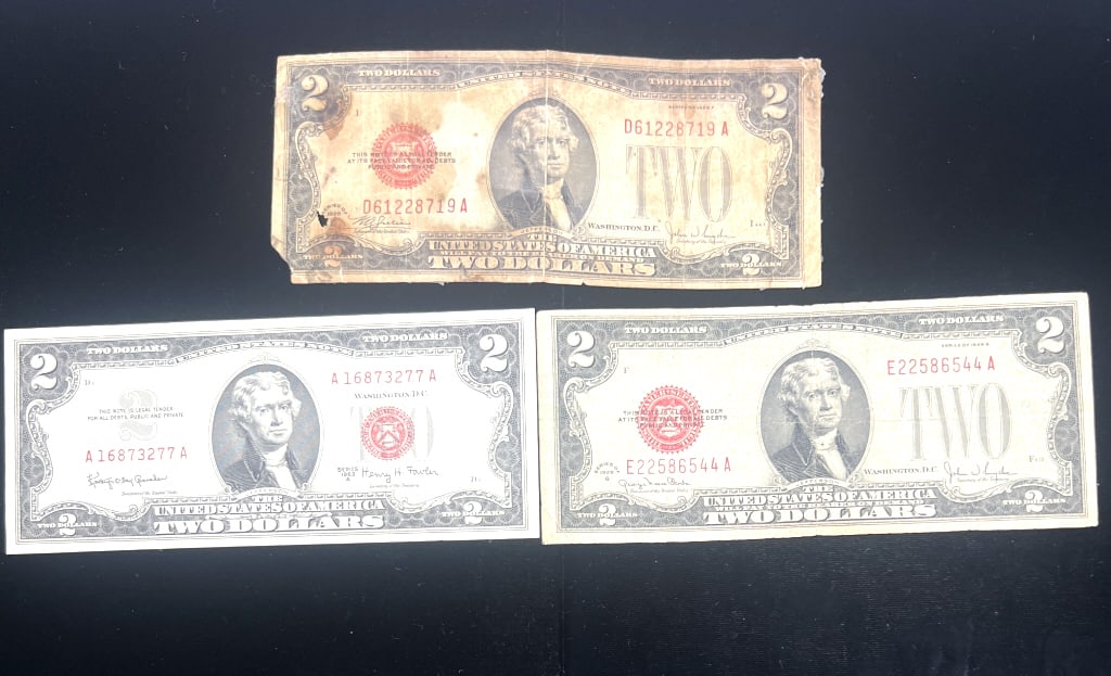 3- Two Dollar Red Seal Notes: $2, See photos