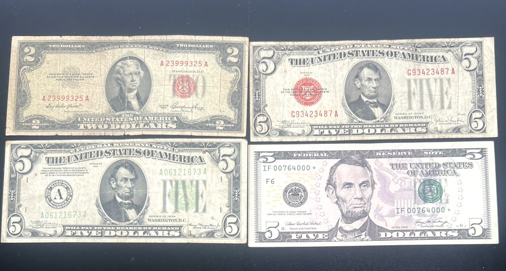 4-Assorted Five Dollar & Two Dollar Notes: $2,$5. 1 Red seal two dollars bill and 3 Five dollar notes (1928E, 1934, 2006). See photos