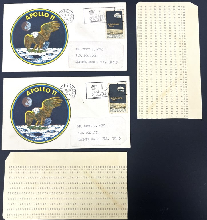 Assorted NASA & USPS Printed Collectibles: Includes NASA covers (some on punch cards), mission profile information card, and USPS covers & postcard. See photos
