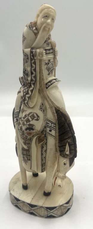 Asian Equestrian Scholar Figurine: 4x10 inches, made from pieced bone panels. Marking on bottom, good condition. See photos