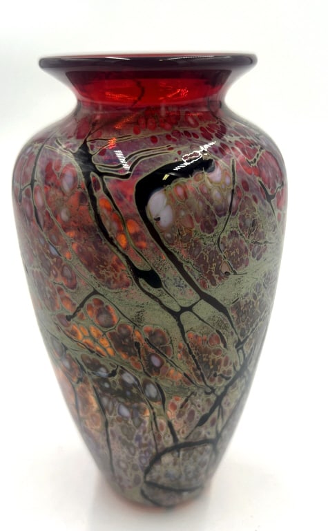 Studio Signed Art Glass Vase: 3.25x6 inches, multi-layered, uses frit or webbing pattern, has artist signature. No visible cracking. See photos