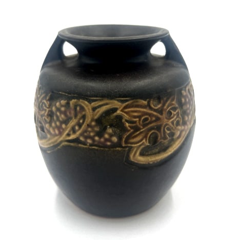 Rosecraft Grape Pattern Vase: 3.75x4.12 inches, produced by Roseville Pottery, early 1920?s manufactured, marked on bottom, normal aged wear. See photos