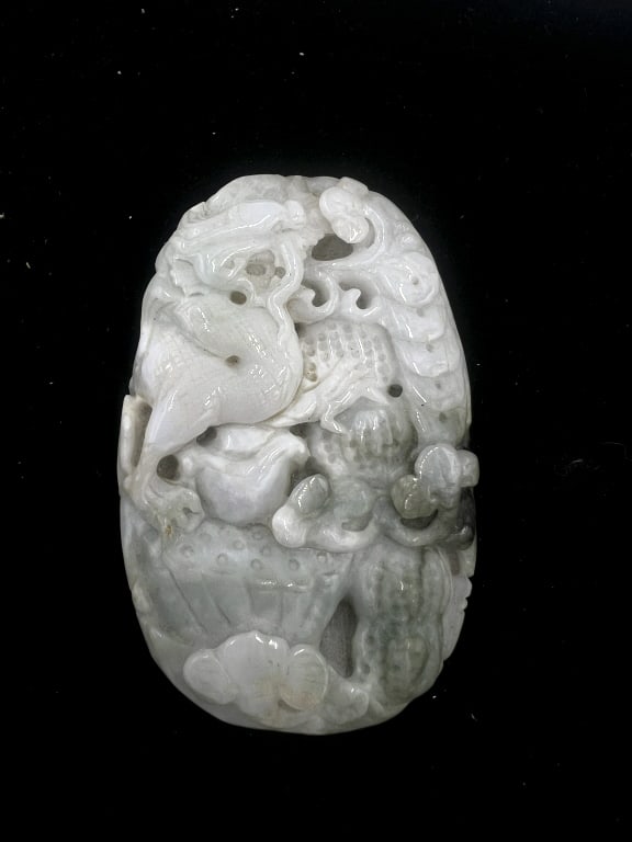 Chinese Carved Jadeite Pendant: 3.25x2x0.87 inches, features dragon motif, some aged wear and cracking. See photos