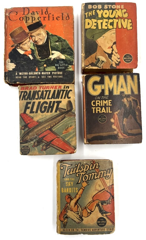 5 Miniature Books: Includes Brad Turner in Transatlantic Flight, Tailspin Tommy and the Sky Bandits, G-Man on the Crime Trail, Bob Stone the Young Detective, and David Copperfield. Aged wear, sold as is. See photos