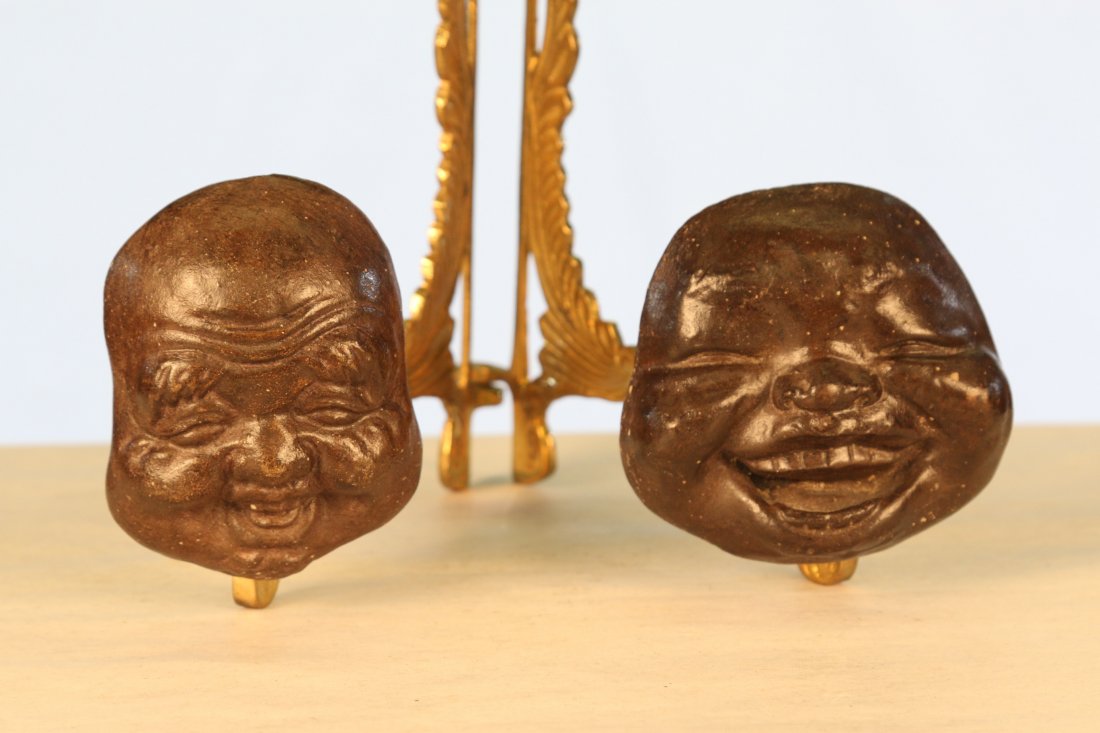 Set of Two Japanese Noh Pottery Faces: Set of Two Pottery Faces, 3 1/2" tall