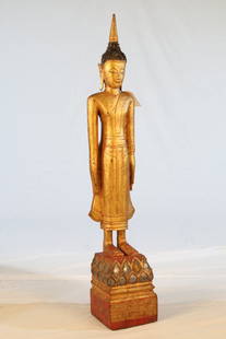 Wooden Hand Carved Lao/Thai Isan Buddha: On lotus pedastal, 19th Century, 34" tall, 6" x 6"