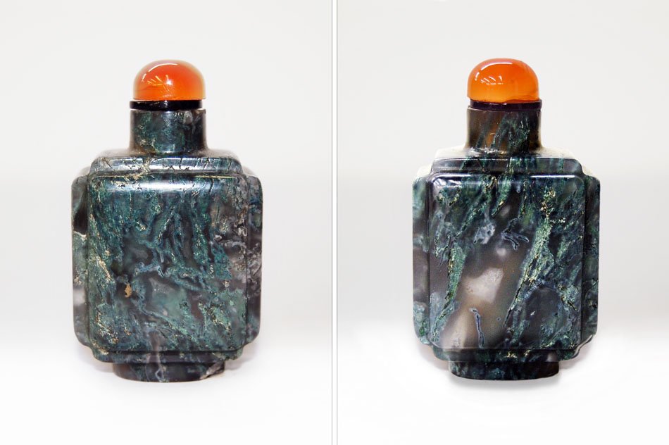 Chinese Republic Variegated Green Stone Snuff Bottle: Chinese Republic (1912-49) or contemporary era richly veined and variegated green stone snuff bottle with orange cabochon cap. Early to mid-20th century