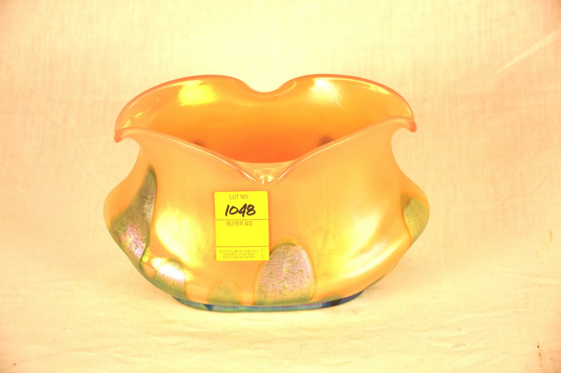 Loetz Art Glass Bowl, Peach and Green: Satin finish, scalloped edge, 6" tall by 9" wide, unmarked