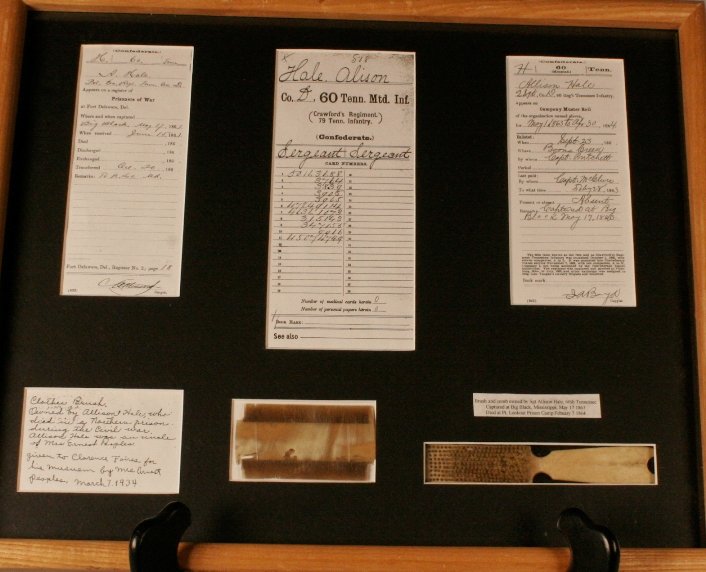 War Memorabilia Framed Owned by Sgt. Allison Hale: 60th Tennessee, 21" x 17", includes: brush, comb
