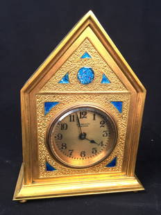 TIFFANY CLOCK: Tiffany & Co. New York Clock, gold with blue enamaling, 7 1/2" tall