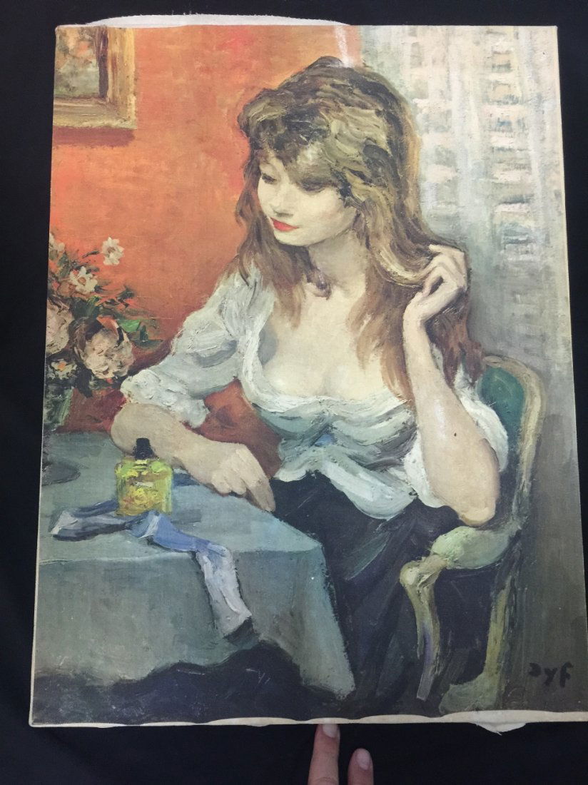 GICLEE BY MARCEL DYF "AT LEISURE": Unframed canvas giclee girl seated at table, signed Marcel Dyf, "At Leisure", 18" x 24'