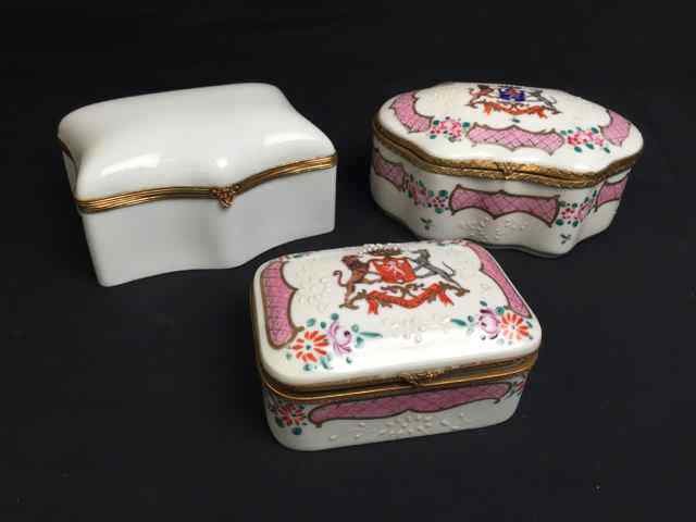 3 Limoge Style Boxes: Made in France marked BFS, assorted size