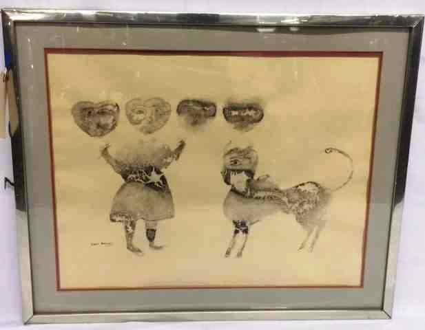 Ink & Wash by Sakti Burman: Annonay J. Flautist & 2 Cats, 31" w x 25" tall