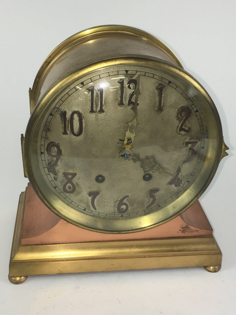 SETH THOMAS BRASS & COPPER MANTLE CLOCK: Footed, 9" tall by 8.25" wide
