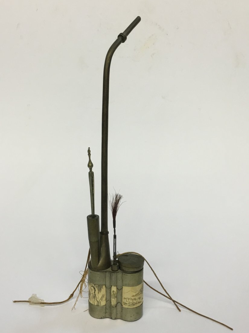 ORNATE OPIUM PIPE IVORY INSET MARKED, 14.5" TALL (1 of 6)