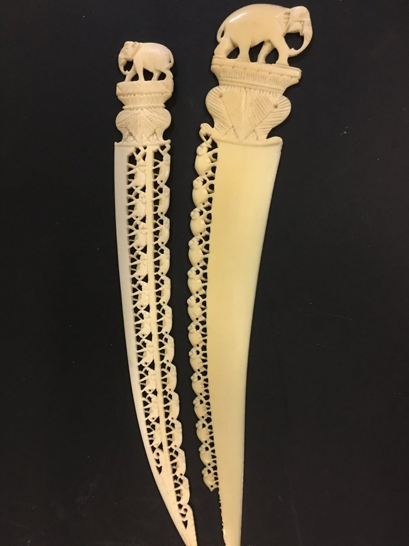 PAIR OF IVORY LETTER OPENERS: Elephant motif, 10" long