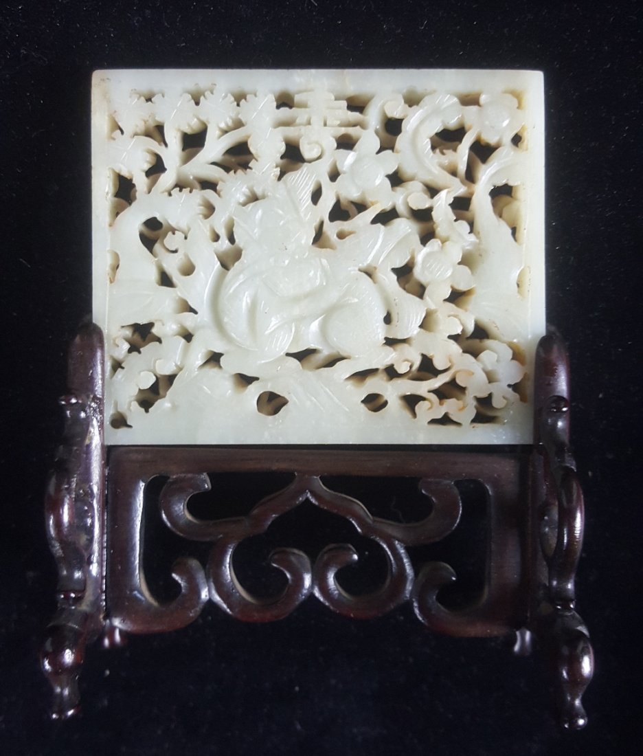 CARVED JADE PANEL ON WOOD STAND (1 of 2)
