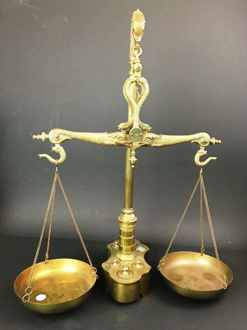 TALL BRASS SCALE W/WEIGHTS: Fish design, 9 weights, 23" tall