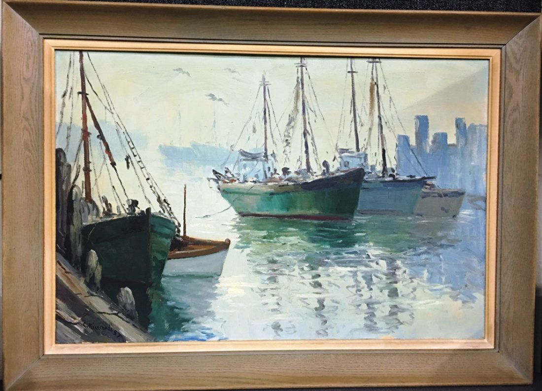 OIL ON CANVAS SIGNED CAESARE A. RICCIARDI SAIL BOATS AT: Stained wood frame 42" w x 30" tall