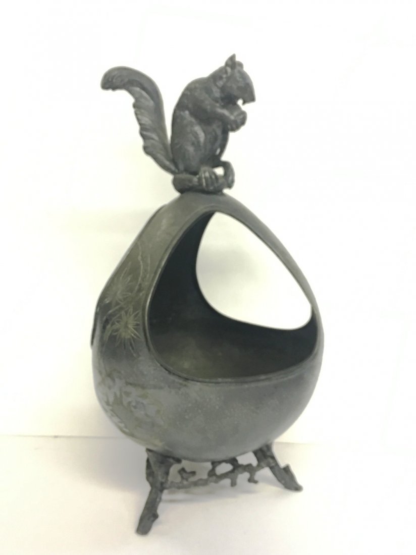 SILVERPLATE VICTORIAN SQUIRREL NUT DISH: 16" tall x 9" wide, footed, etched