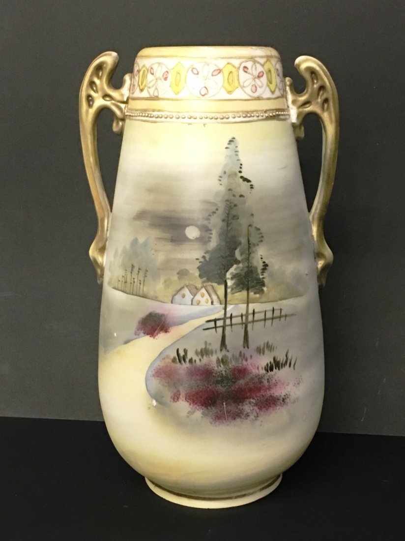 HAND PAINTED NIPPON VASE EVENING COUNTRY ROAD: 12" tall x 7" wide, marked