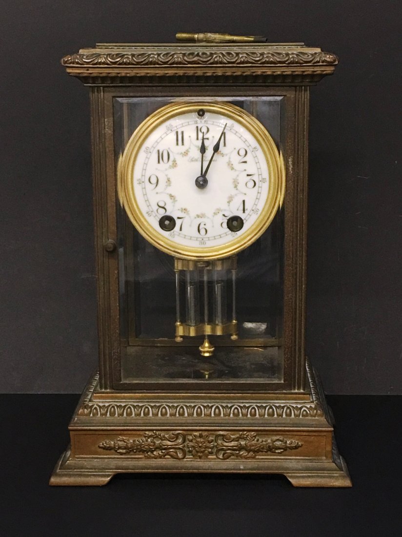 BRASS MANTLE CLOCK BY SETH THOMAS: 12" tall x 8.25" wide, BEVELED GLASS FLORAL FACE EMPIRE 018