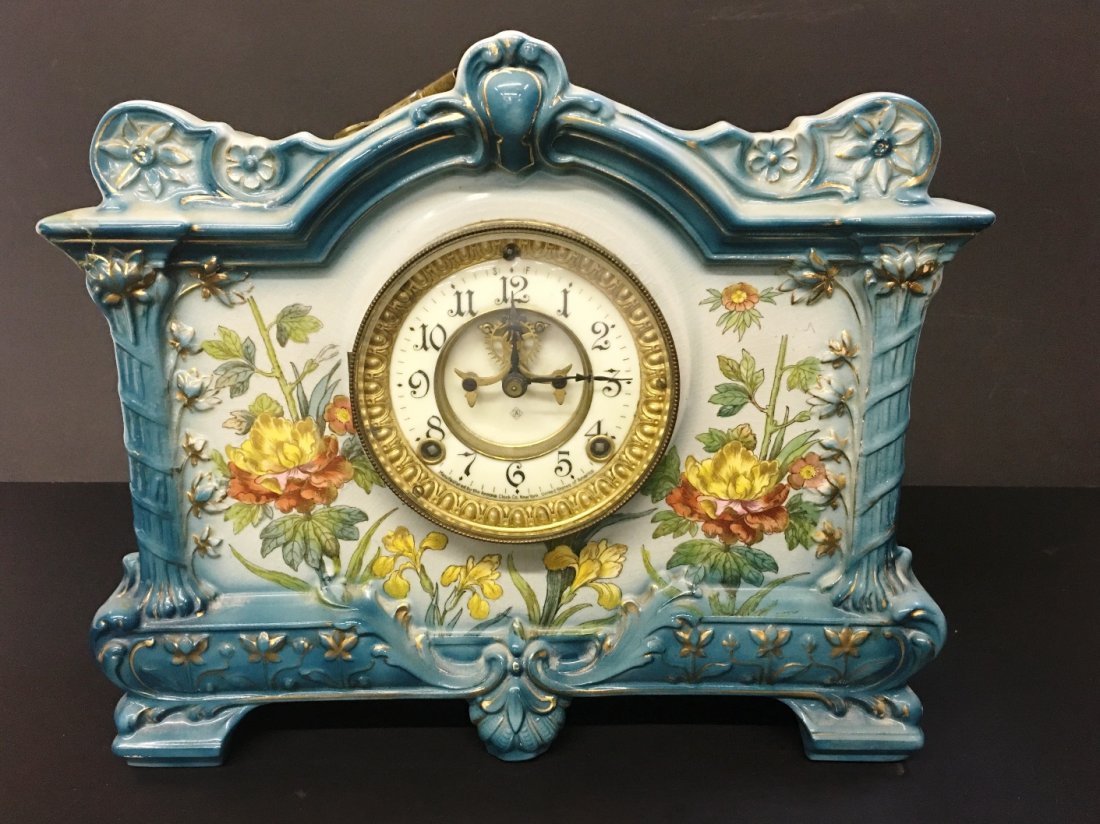 ROYAL BONN GERMANY WITH ASONIA CLOCK: 11" tall x 13" wide, NY WORKS PENCIL DATE ON BOTTOM 1908