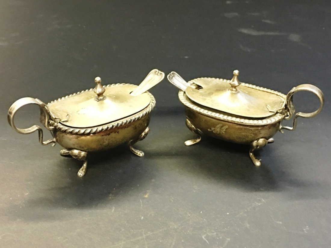 PAIR ITALIAN SILVER SALT CELLARS MARKED 800 R. MIRACOLI: spoons glass inserts 1" tall x 3" wide