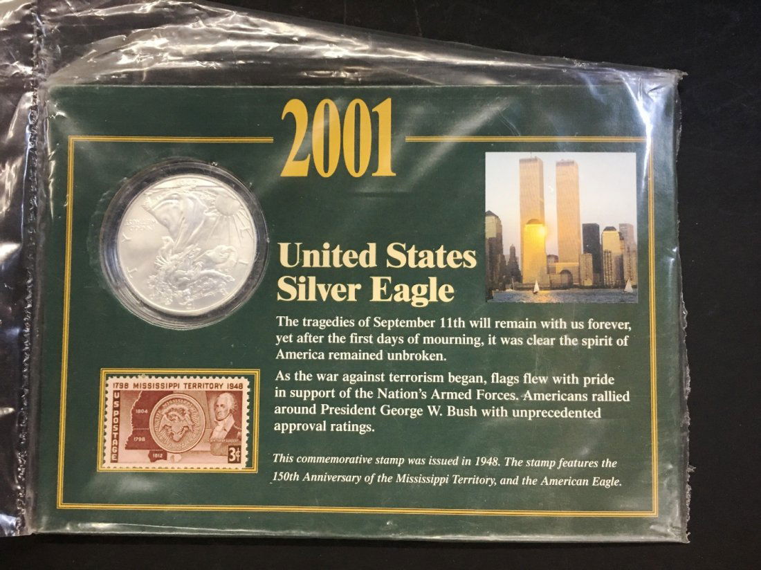2000 US SILVER EAGLE WITH CARD AND STAMP ABOUT 9/11: set